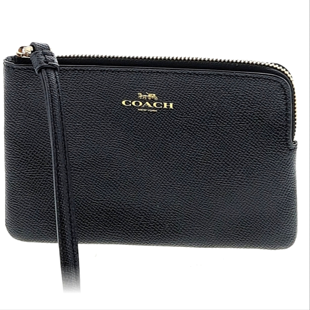 Coach Crossgrain Leather Corner Zip Wristlet - Black, 6.25" L, 4" H, 0.5" D
